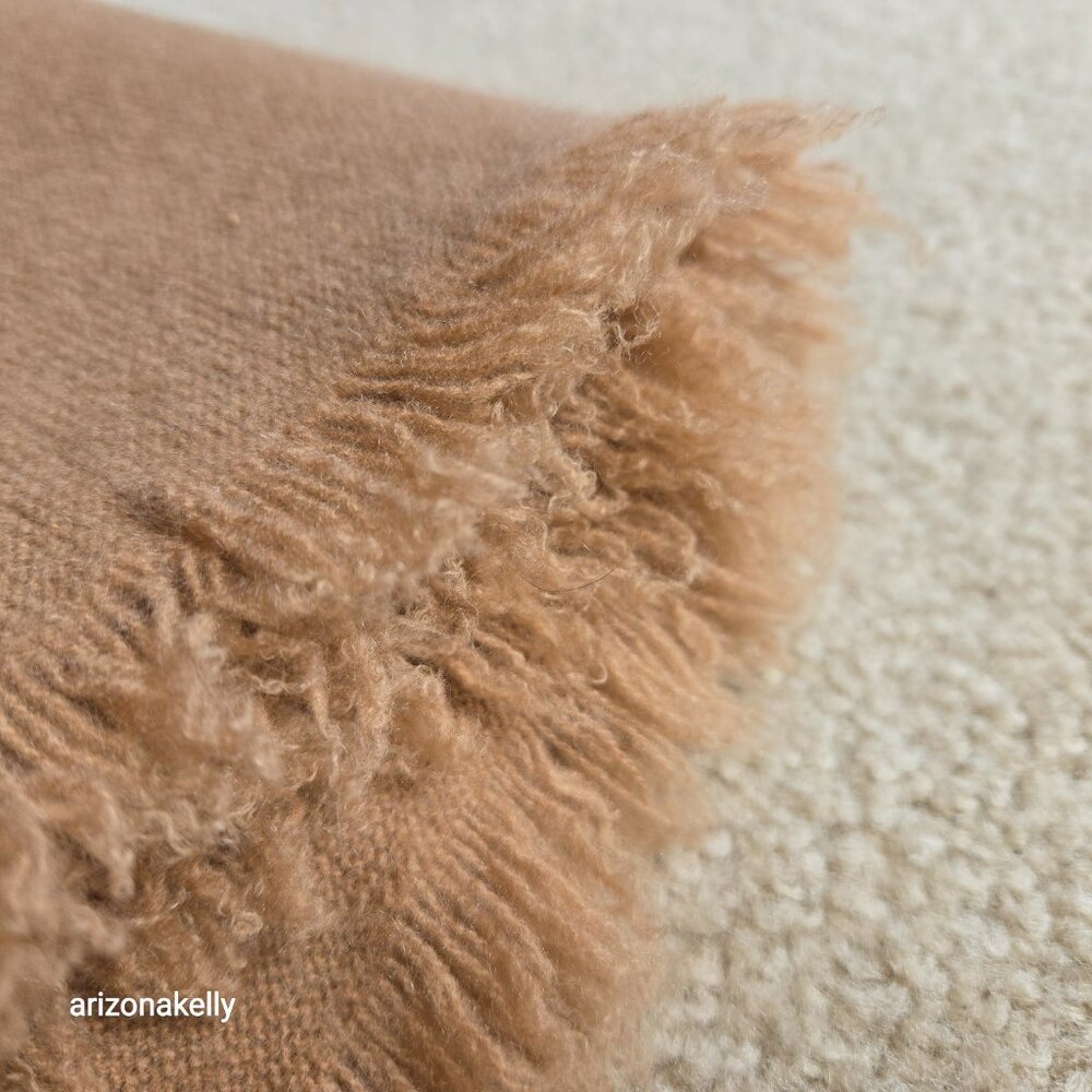 NWOT Tan Cashmere Knit Oblong Scarf with Fringe and Asymmetrical Ends - Picture 15 of 15